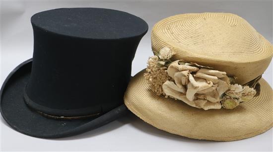 A ladies Edwardian straw hat, collapsible top hat and a tammy shanter